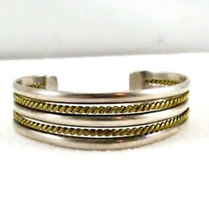 TAXCO Sterling Silver Brass Rope Inset Bicolor Cuff Bangle